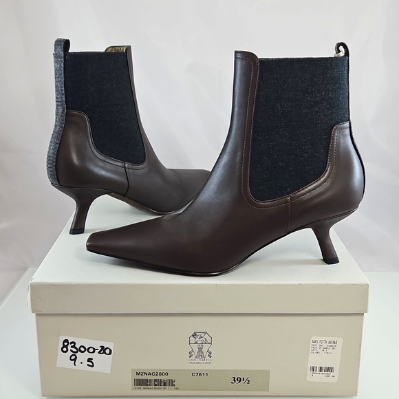 NEW Brunello Cucinelli Leather Monili Comma-Heel Ankle Boots Size 39.5 - Picture 4 of 16